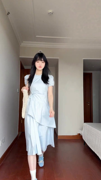 Gentle and sweet style blue puff sleeve dress temperament waist A-line long skirt R0771