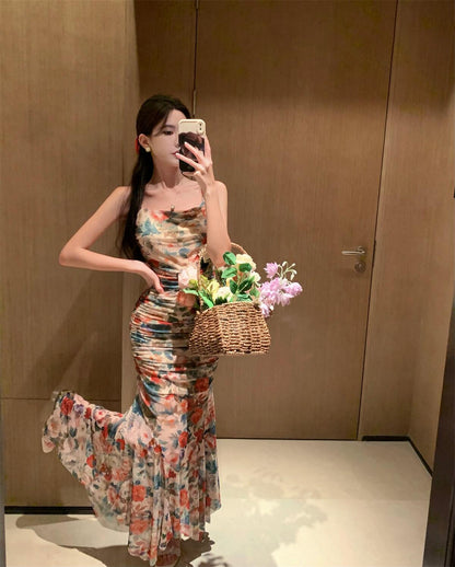 Retro floral suspender dress beautiful waist hip skirt R0657