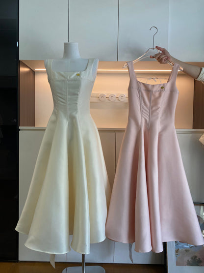 Cute A Line Square Neckline Satin Ruffles Summer Dress Holiday Party Outfits For Girls DP0135