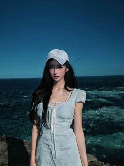 Gentle blue short-sleeved dress with elegant waist A-line short skirt R0828