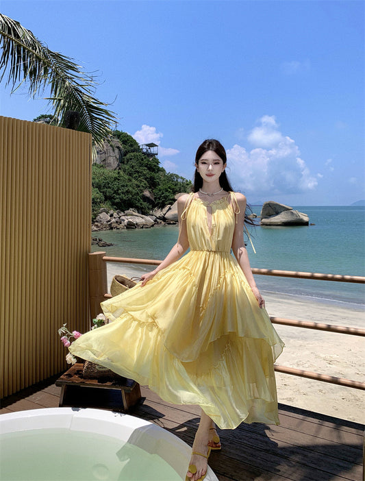 Beautiful yellow sling halter neck dress niche temperament fairy waist long skirt R0739