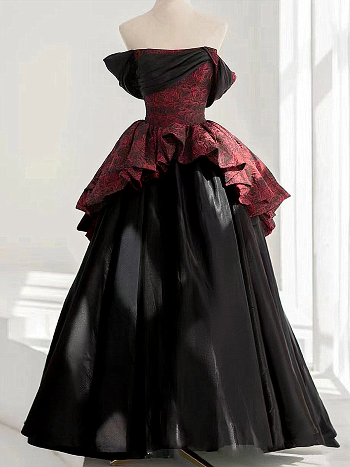 Black and Red Scoop Strapless Long Party Dress, A-line Satin Black Prom Dress