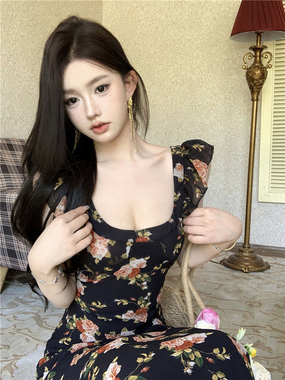 Temperament high-end retro floral dress super beautiful long skirt R0646