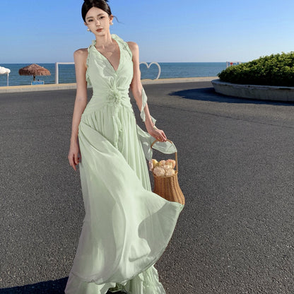 Ruffled V-neck halter dress beautiful waist A-line long skirt R0566