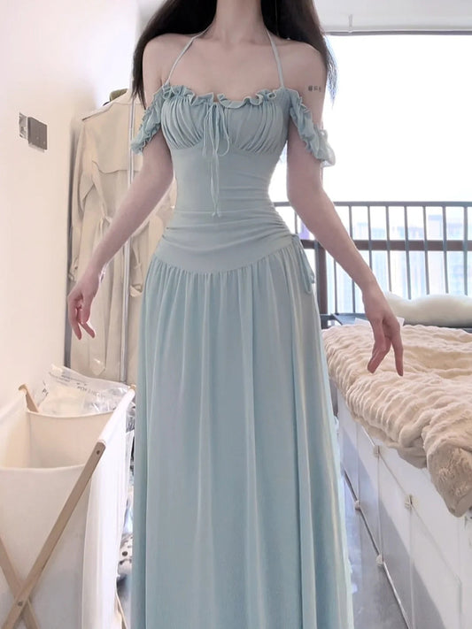 Mint green halter dress with waist and beautiful small skirt R0569