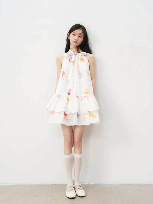 Sleeveless Floral Bow Tie Halter Dress with Ruffled Hem Tutu Skirt R5169