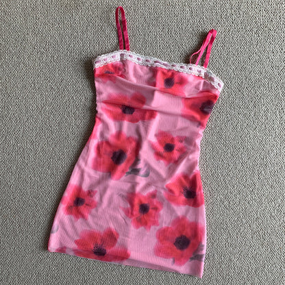 New style niche mesh flower print lace splicing suspender dress short skirt sexy pink R3088