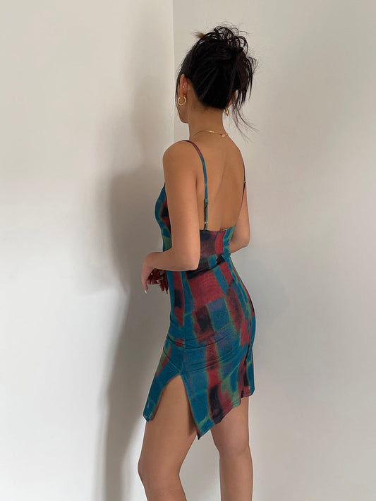 Pure desire tie-dyed double-layer mesh print slim-fitting suspender dress with hip skirt R3071