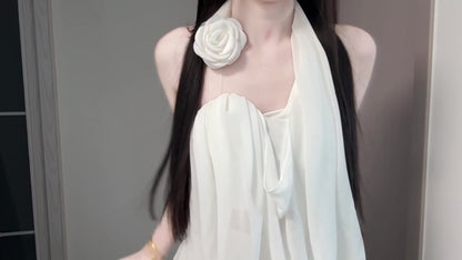 A complete set of pure and relaxed white halter top and short skirt two-piece suit R0833