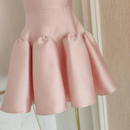 Retro Pink 3D Flowers Design A-line Strapless Satin Mini Party Dress Homecoming Dress D1523