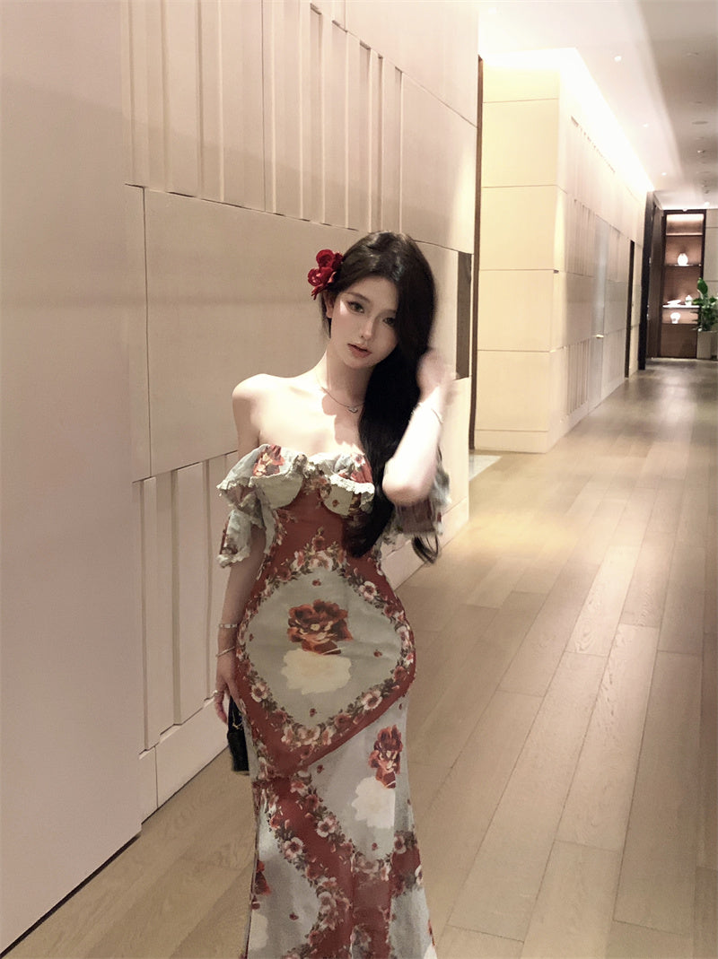 Retro tube top floral dress beautiful waist slim hip skirt R0573