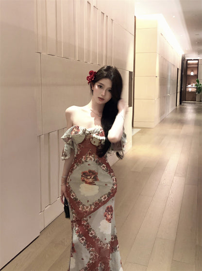 Retro tube top floral dress beautiful waist slim hip skirt R0573