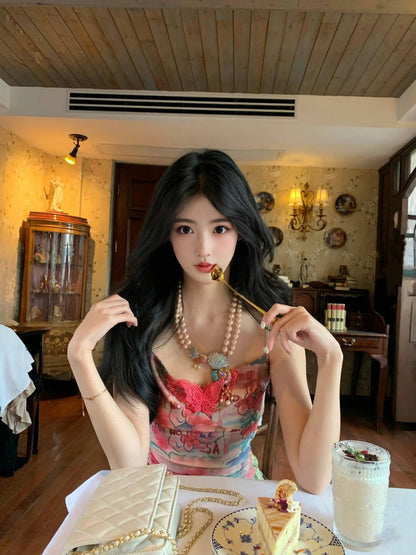 Sexy slim waist suspender dress beautiful printed hip skirt R0577