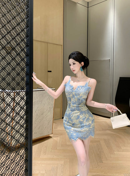 Blue suspender dress, sexy waist, slim hip skirt R0579