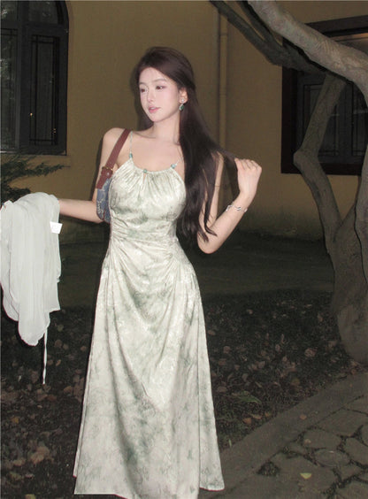 Green suspender halter dress unique chiffon sunscreen cardigan two-piece set R0616