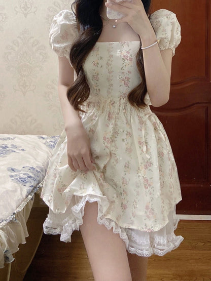 Tea break French floral dress 2025 new design niche sweet puff sleeve princess puffy skirt R0175