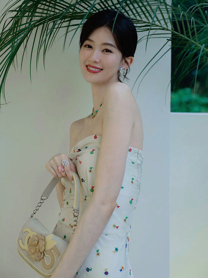 2025 new seaside holiday long dress French retro embroidery print tube top high waist dress backless R0138