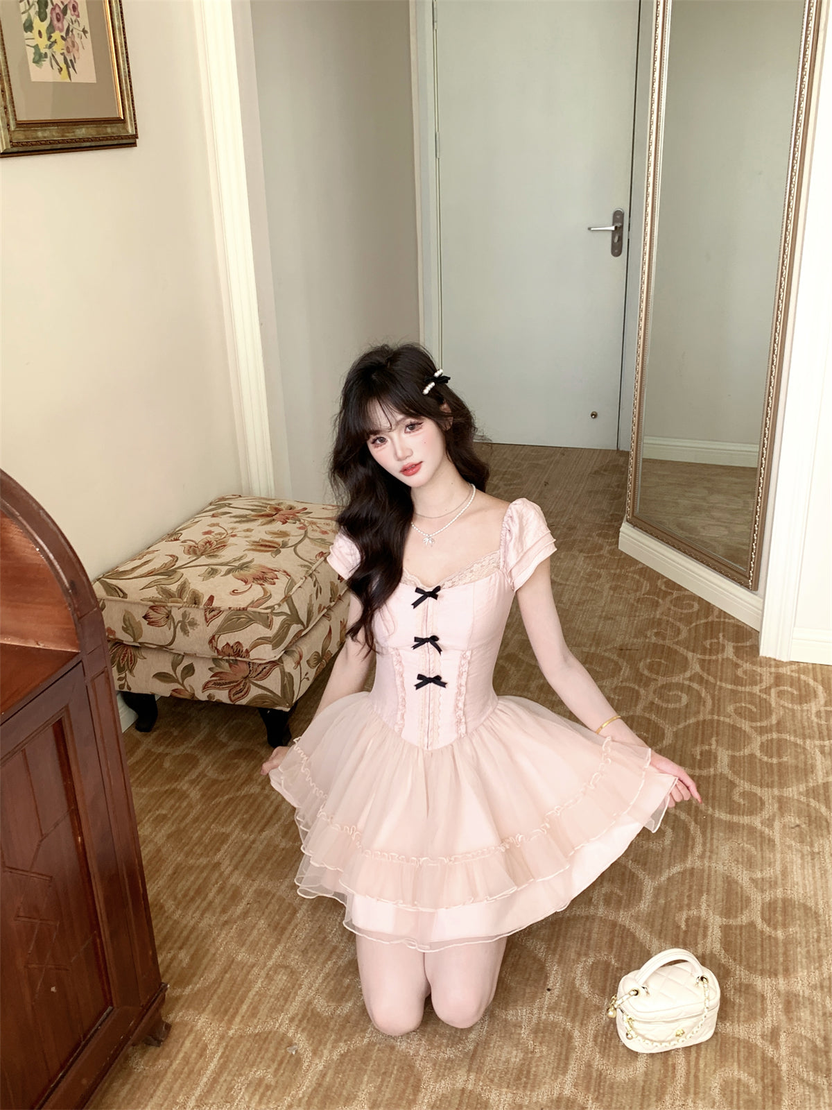 Cute Suqare Neckline Lace Tiered Draped Short Prom Dress Homecoming Dress with Bowknot  D1754