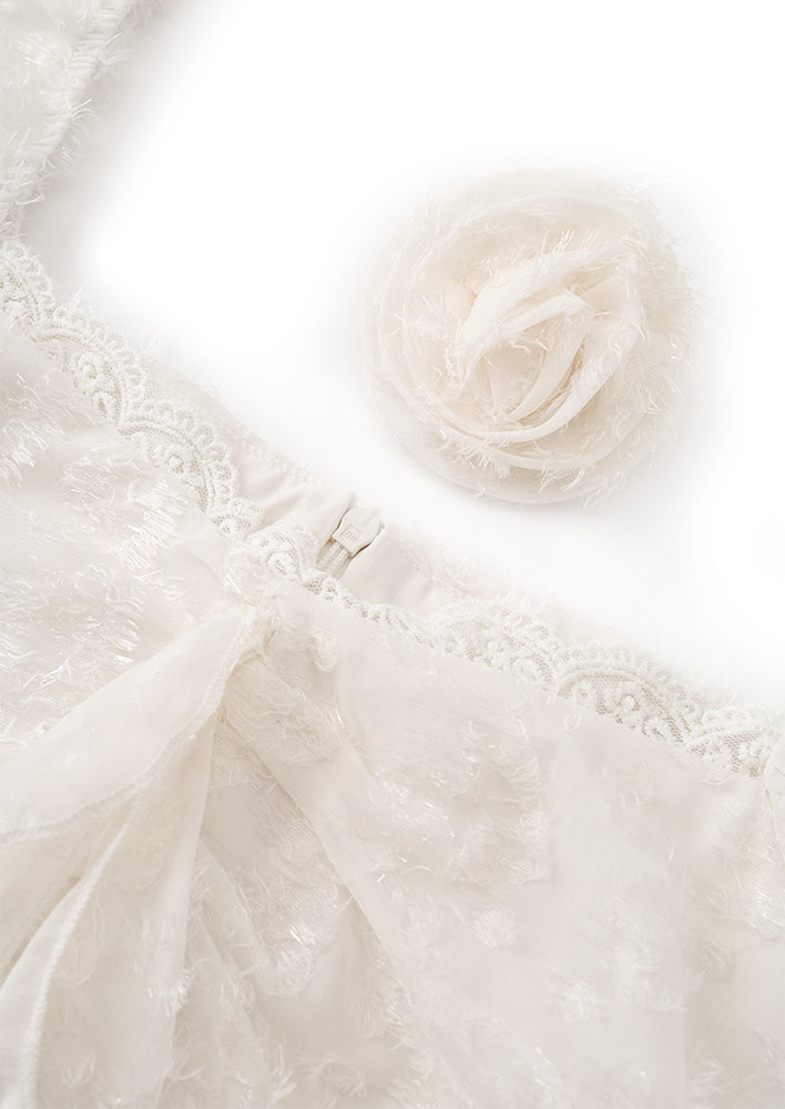 Fragrant mist white tea temperament flower snowflake velvet splicing design skirt dress R0050