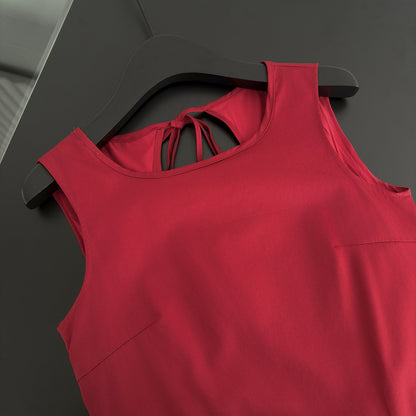 French retro little red dress with hollow back and tie-up pleated sleeveless vest dress R0037