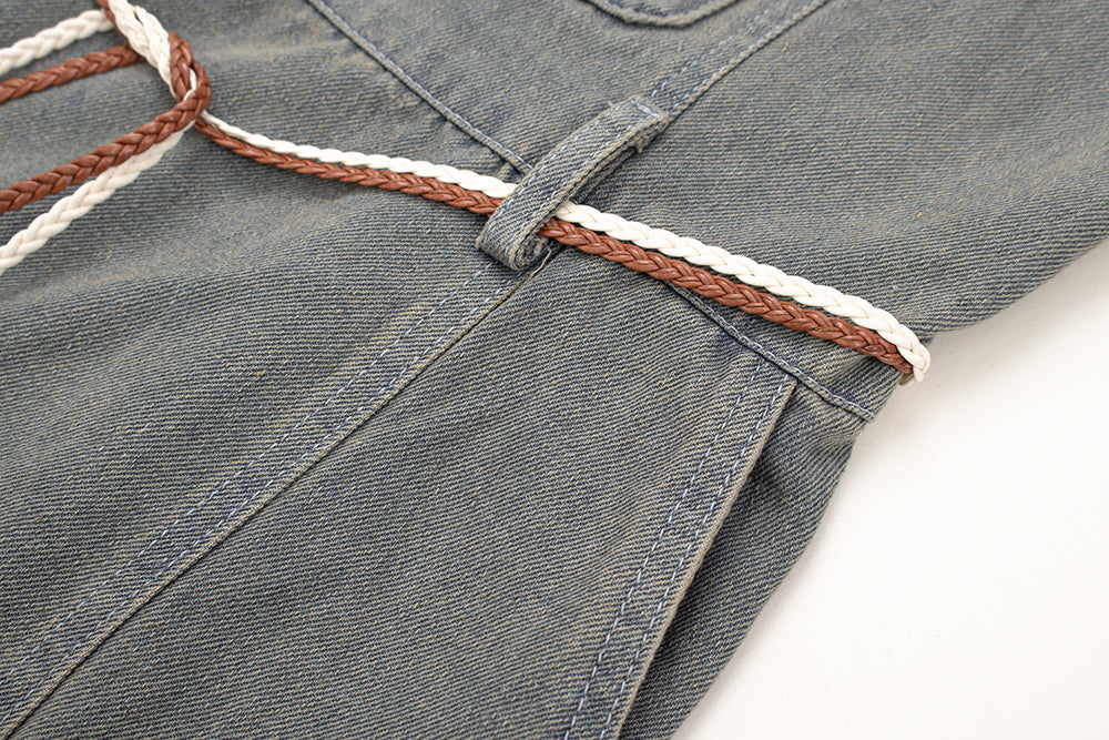Fashion brand retro college style raw edge denim mid-length overalls all-match suspender dress R0072