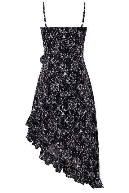 Bevel floral suspender dress French style slim waist long dress for women summer irregular R0031
