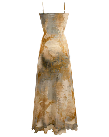 Wasteland style smudged suspender dress 2025 new holiday retro knitted irregular slit long skirt R0059