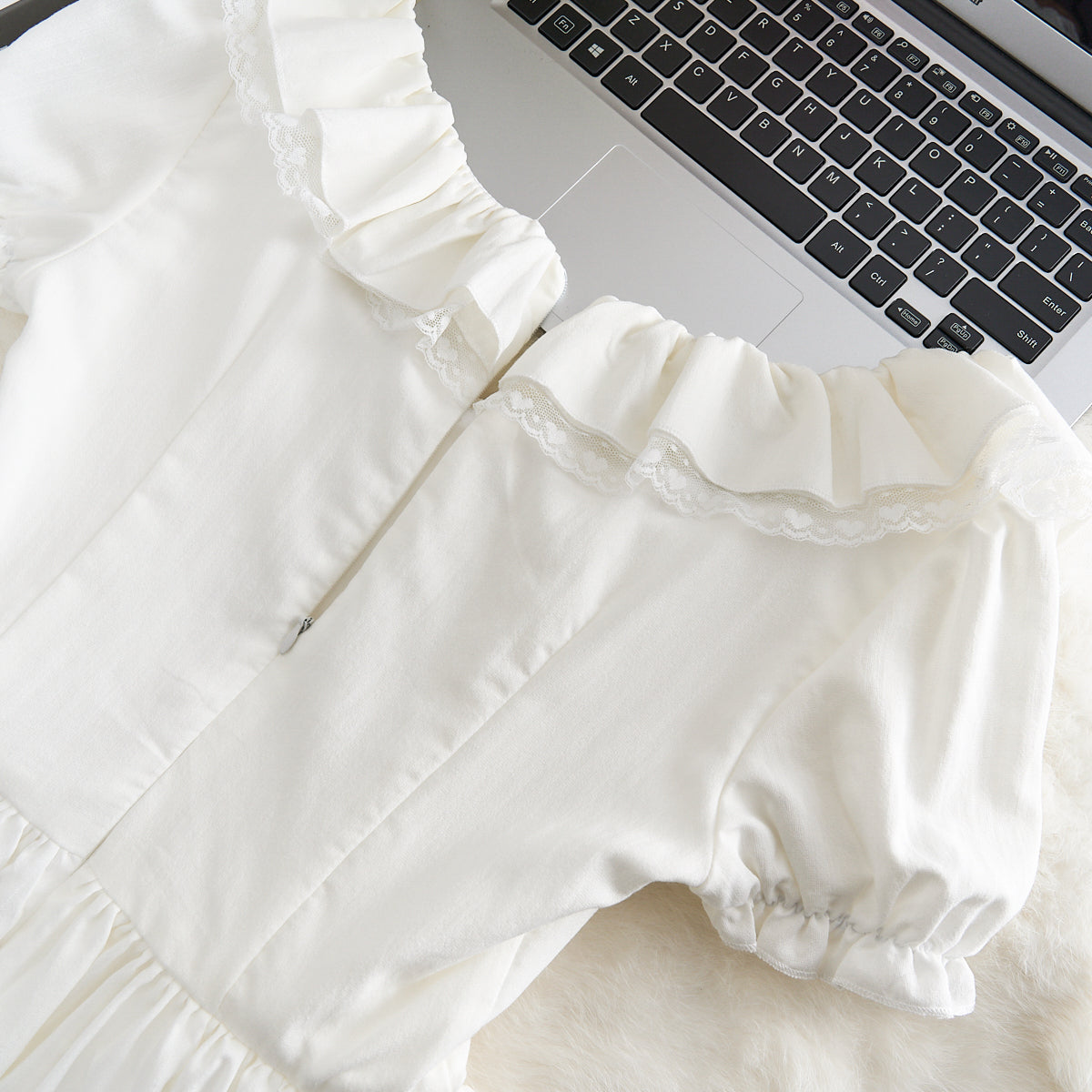 Tutu skirt new style short-sleeved heavy-duty dress slim tea break French sweet little white dress R0067