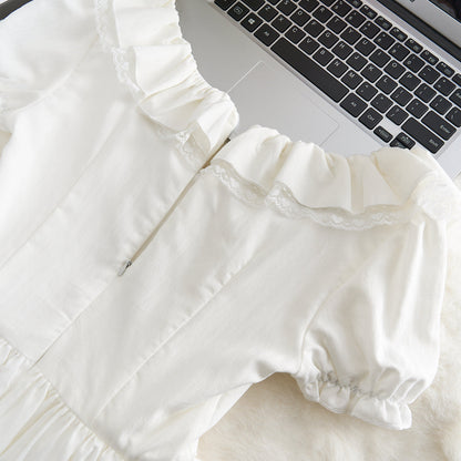 Tutu skirt new style short-sleeved heavy-duty dress slim tea break French sweet little white dress R0067