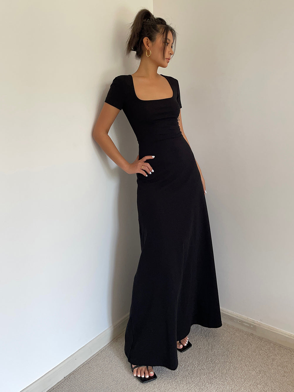 Summer French Square Neck Dress Slim Fit Short Sleeves Knee-Length Temperament Long Dress R3028