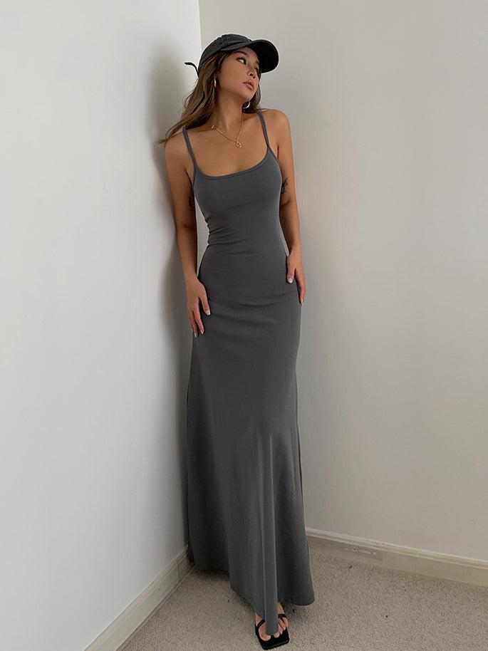 Simple temperament suspender long skirt super A figure waistline sexy hot girl dress R3030