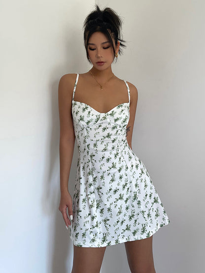 European and American style low-cut backless sexy suspender floral dress high waist slim A-line hip skirt R3038