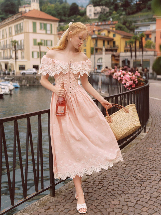 Pink Champagne French Embroidered Fishbone Dress Pink Hollow One Shoulder Maxi Dress R5111