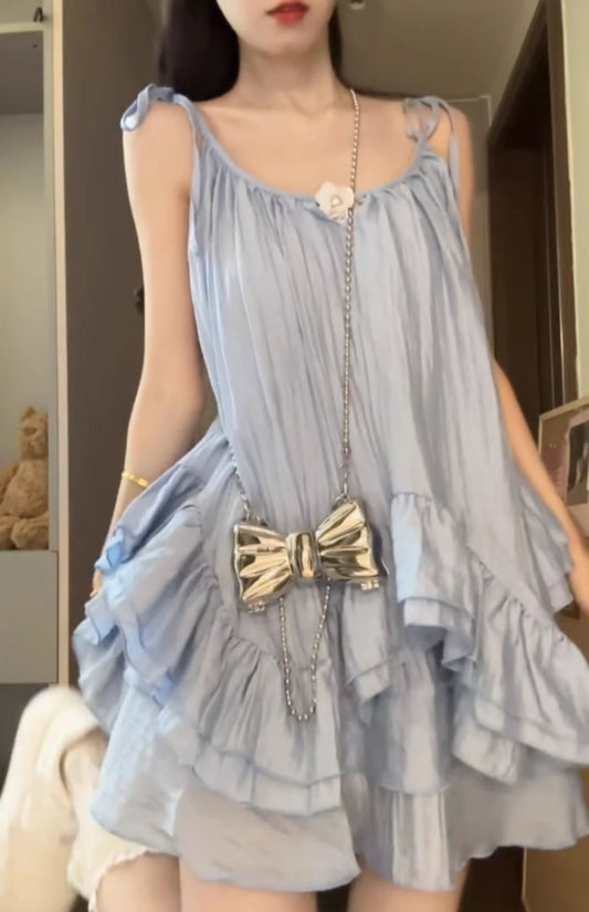 Suit blue suspender dress short skirt skirt summer outfit matching a complete set R0795
