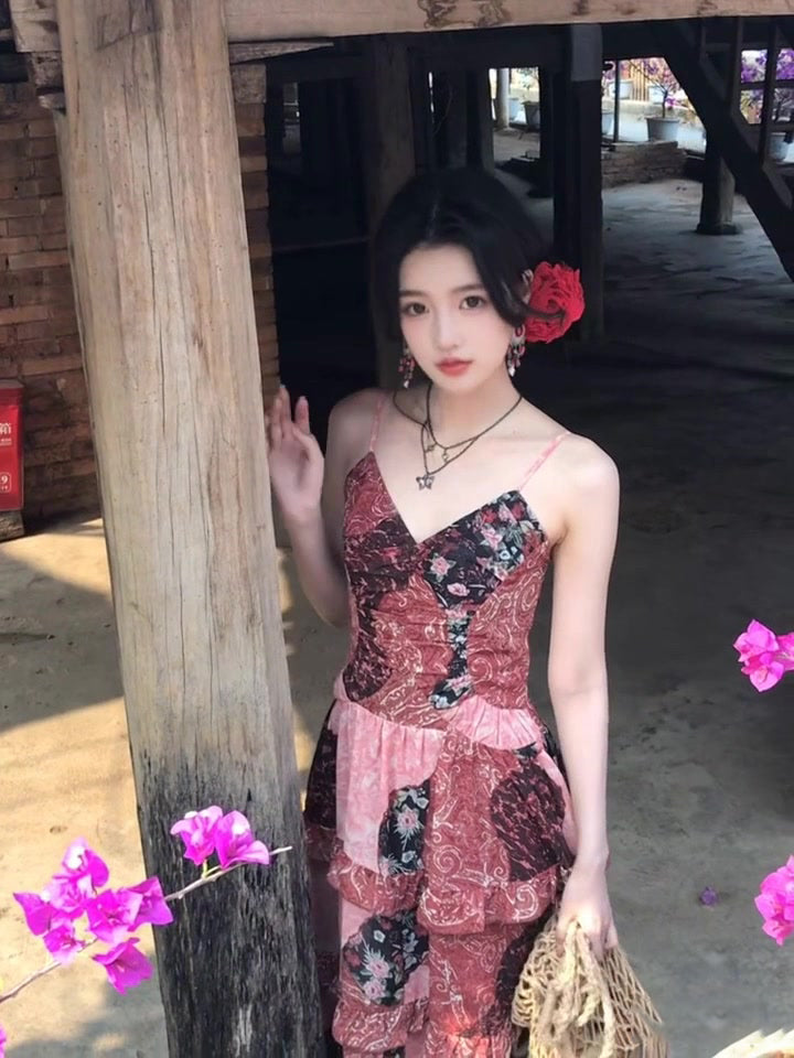 Women's Retro Floral Sling Dress Beautiful Waist A-Line Long Dress R0605