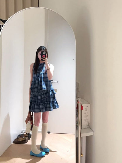Retro blue sleeveless halter dress with ruffles, gentle temperament, loose A-line short skirt R0673