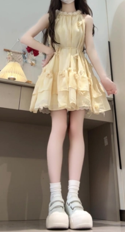 Gentle style flower sleeveless halter dress beautiful temperament waist A-line short skirt R0810