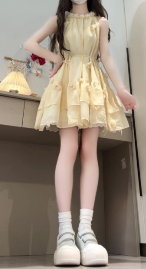 Gentle style flower sleeveless halter dress beautiful temperament waist A-line short skirt R0810