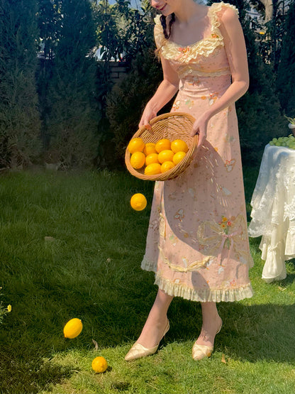 French Retro Pastoral Oil Painting Long Strap Printed Lace Dress Homecoming Dress R5151