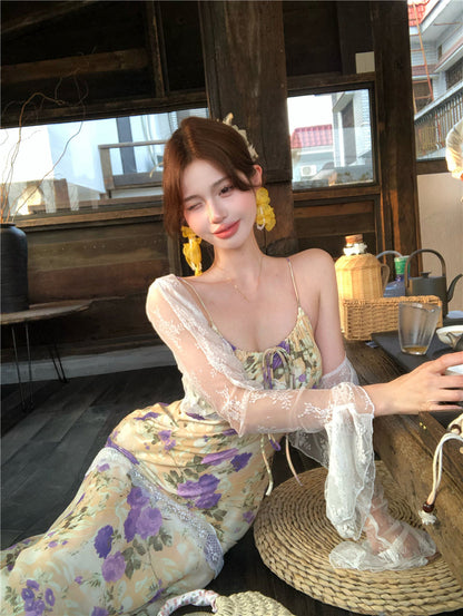 Beautiful floral fishtail suspender long dress slim hip dress R0628