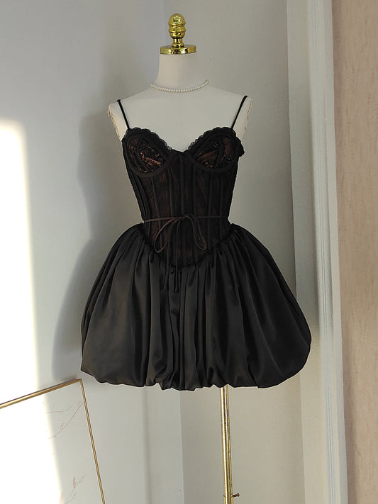 Sexy Ball Gown Spaghetti Straps Black Lace Travel Vacation Dresses Short Satin Birthday Dress