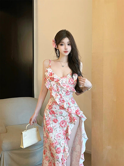 Tea break French v-neck floral suspender dress gentle temperament waist slit skirt R0619
