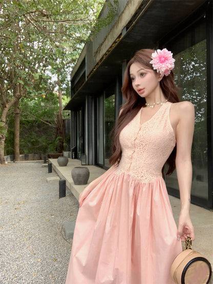 Temperament pink v-neck lace sleeveless dress pretty little skirt R0620