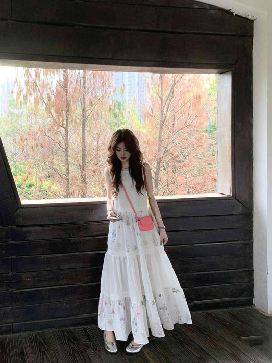 Sleeveless vest floral dress 2025 new gentle temperament loose A-line long skirt R0623