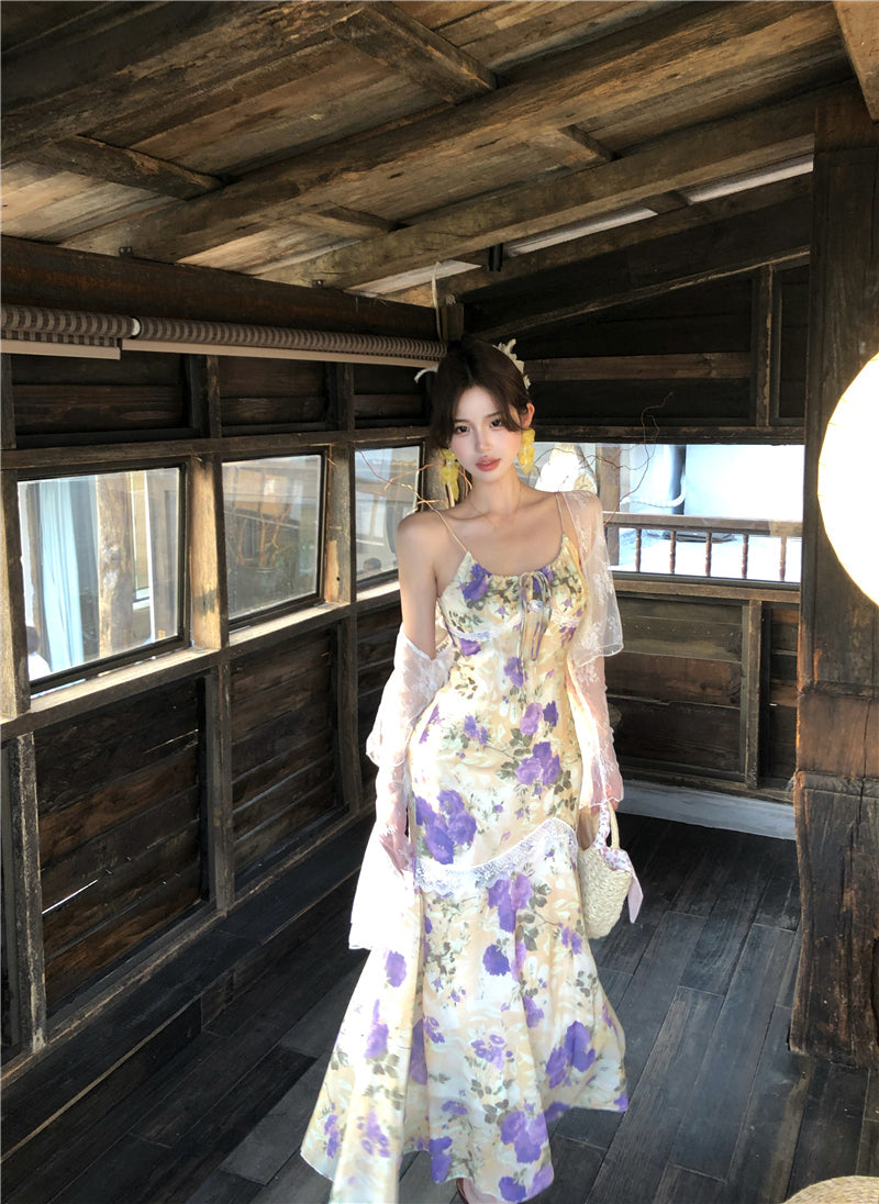 Beautiful floral fishtail suspender long dress slim hip dress R0628