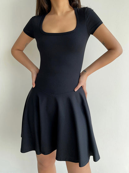Elastic sexy low-cut square neck waist dress new summer style temperament slim ballet skirt R3073