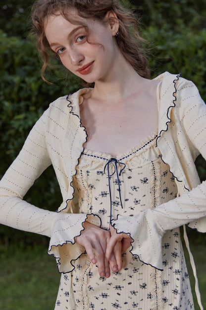 French Girl Knitted Cardigan Floral Stretch Ruffled Suspender Dress Set Homecoming Dress R5161