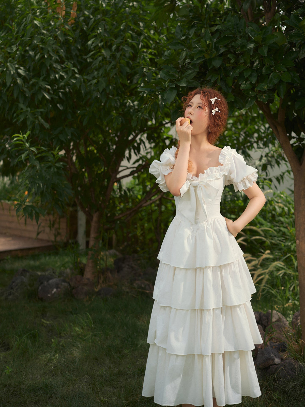 French-style waist white long dress puff sleeve cake dress homecoming dress R5157