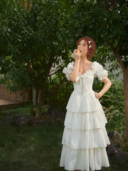 French-style waist white long dress puff sleeve cake dress homecoming dress R5157