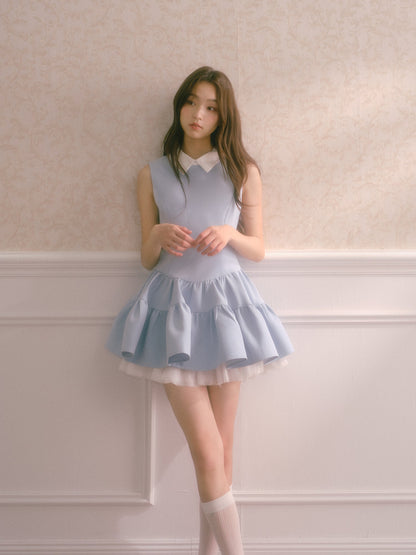 Blue shirt collar vest dress with multi-layered puffy patchwork waist sleeveless dress R5174